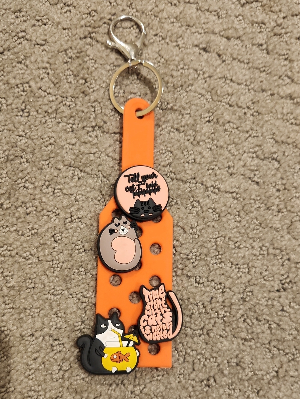 Rubber Orange Cat Charm Keychain with Cute Cat Pins